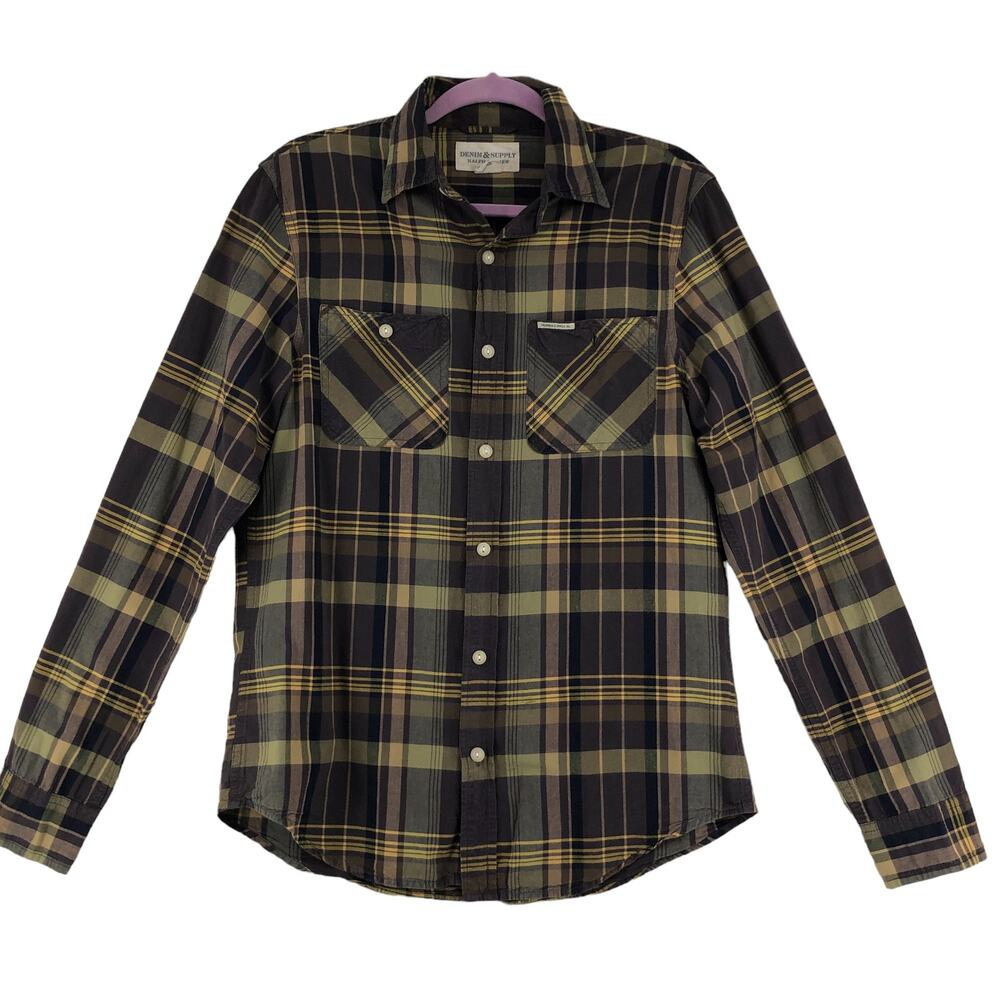 Denim & Supply Mens Size S Button Down Shirt Brown Plaid Front Pockets Cotton